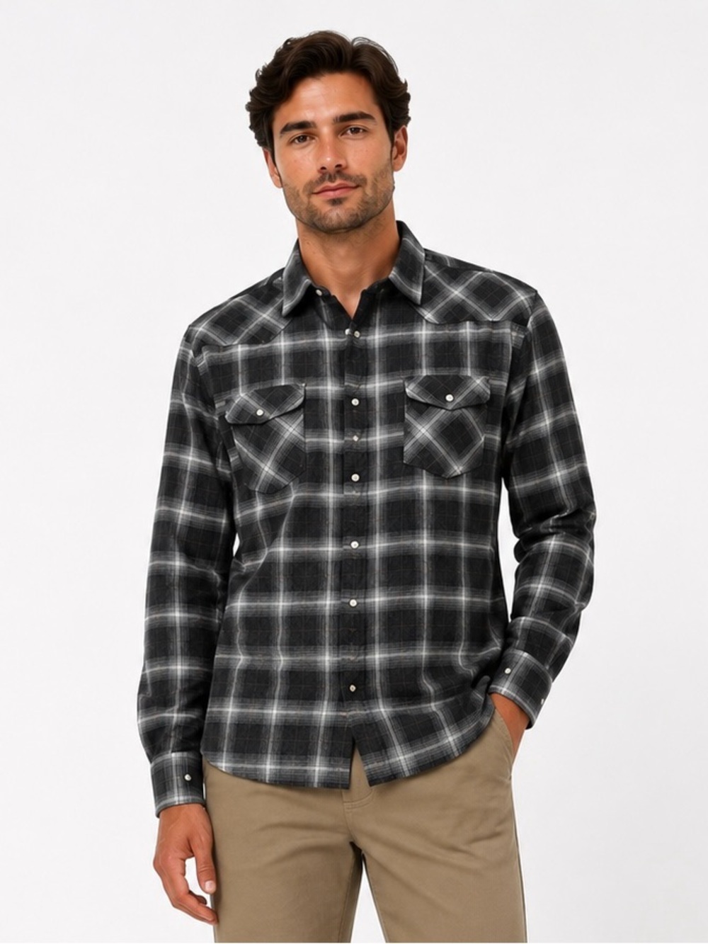 Threadgrit Men’s XL Plaid Flannel Snap Front Shirt Gray Long Sleeve Western